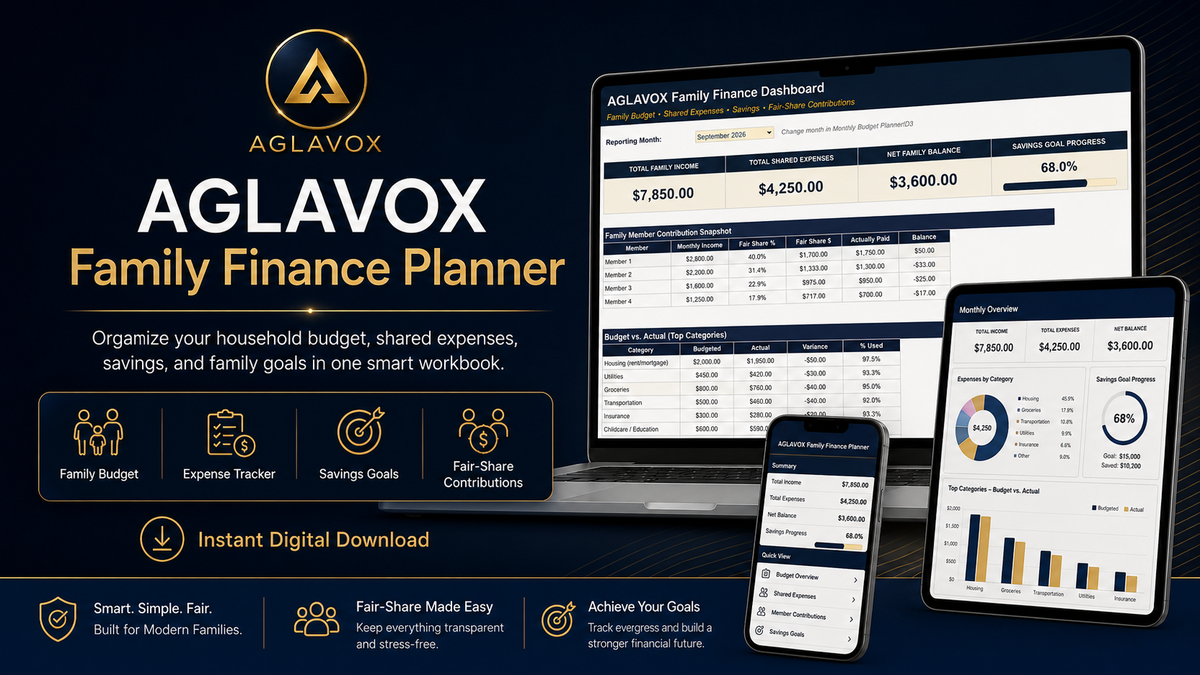 AGLAVOX Family Finance Planner digital Excel workbook